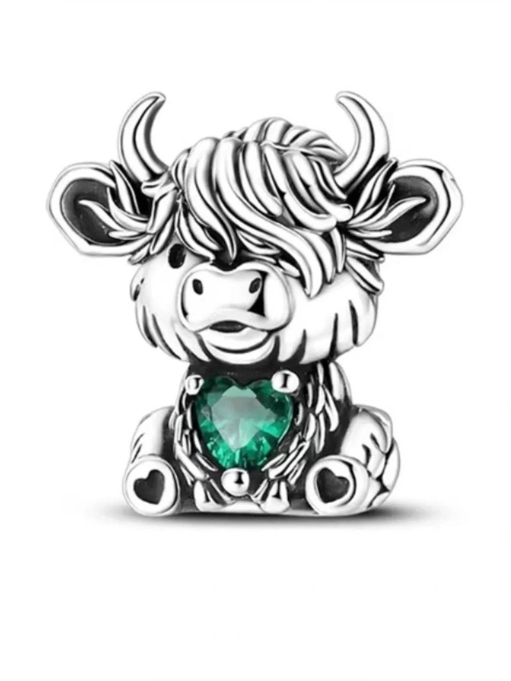 🐮💚 Highland Cow Charm Green Heart 925 Sterling Silver Style Farmhouse Cute Bead